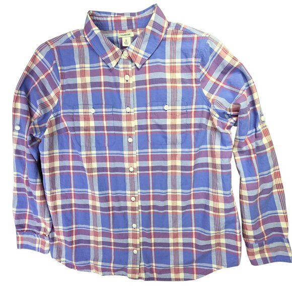LL Bean Shirt Womens Medium Purple Pink Plaid Long Sleeve Cotton Classic Preppy - Picture 1 of 9